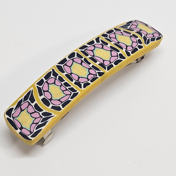 VINTAGE Yellow and Blue Design Clay Hair French Barrette Clip - Picture 3 of 5